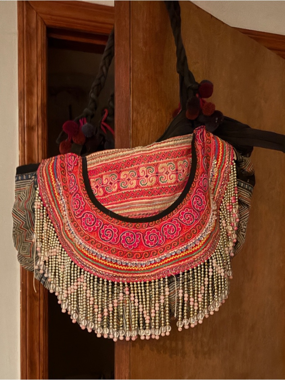 Boho Pink and gold beads Embroidered Fringe Shoulder Bag